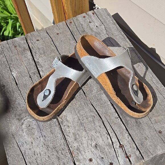 Gizeh Birko Flor Ice Pearl Onyx Silver Tone Leather Sandals Womens Girls 6.5 App - Picture 1 of 16